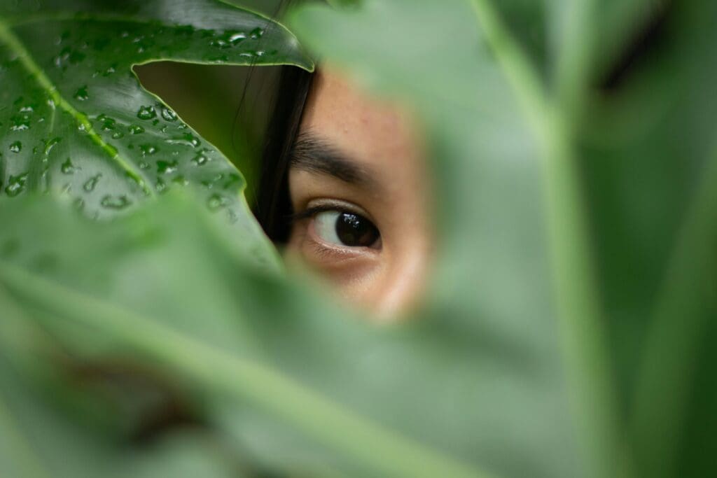 A close-up image of a person's eye peering through a hole in a green leaf. The leaf is prominently in focus, showcasing its vibrant colour and texture, while the eye is slightly obscured by the leaf's edges, creating a mysterious and intriguing effect.