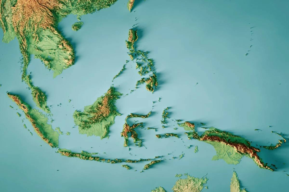 3D Render of a Topographic Map of Southeast Asia.