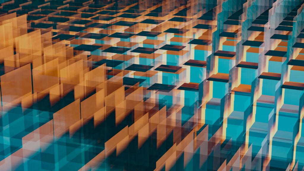 A modern 3D illustration featuring geometric patterns and vibrant colors, highlighting abstract design.